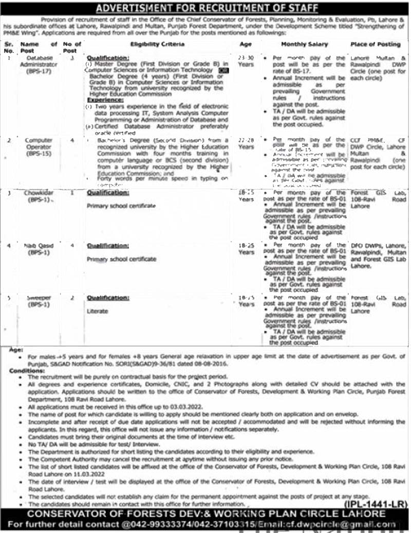 Punjab Forest Department Lahore New Jobs 2022 Advertisement