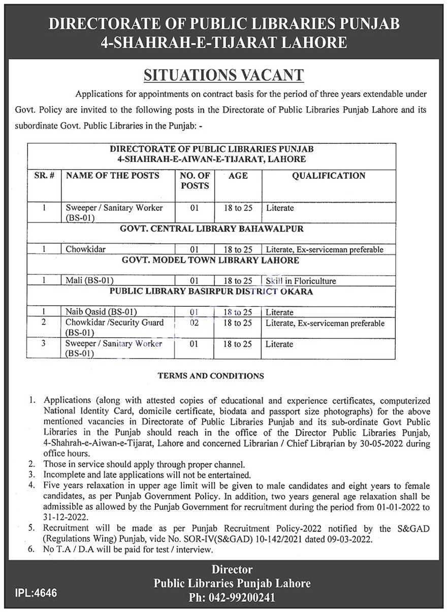 New Govt Jobs in Punjab Public Libraries Department 2022