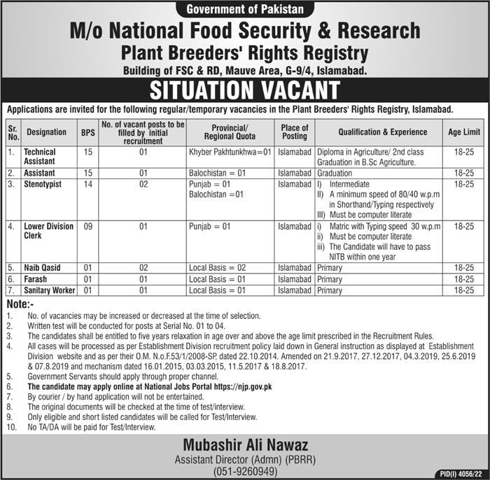 New Govt Jobs 2023 in Pakistan Ministry of National Food Security