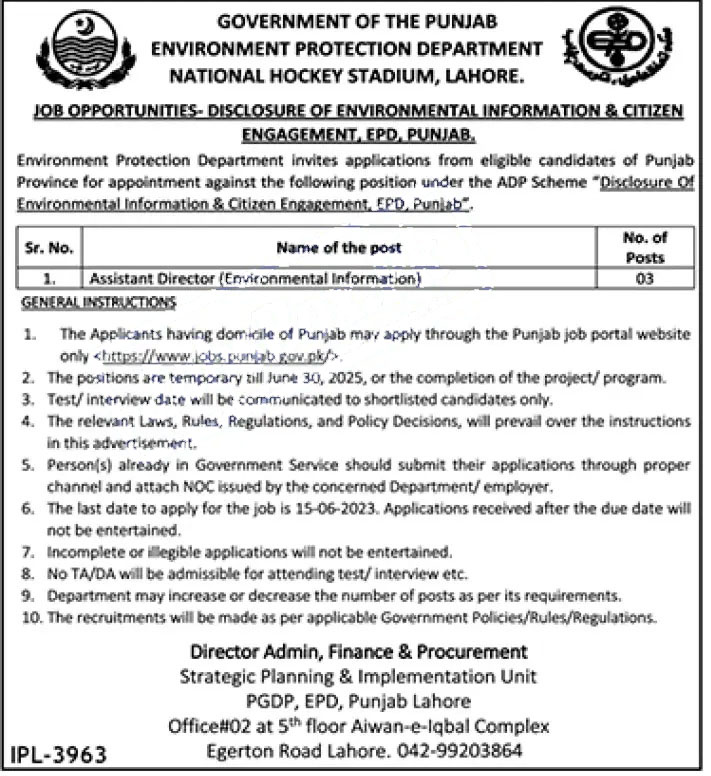New Govt Jobs in Punjab Environment Protection Department 2023